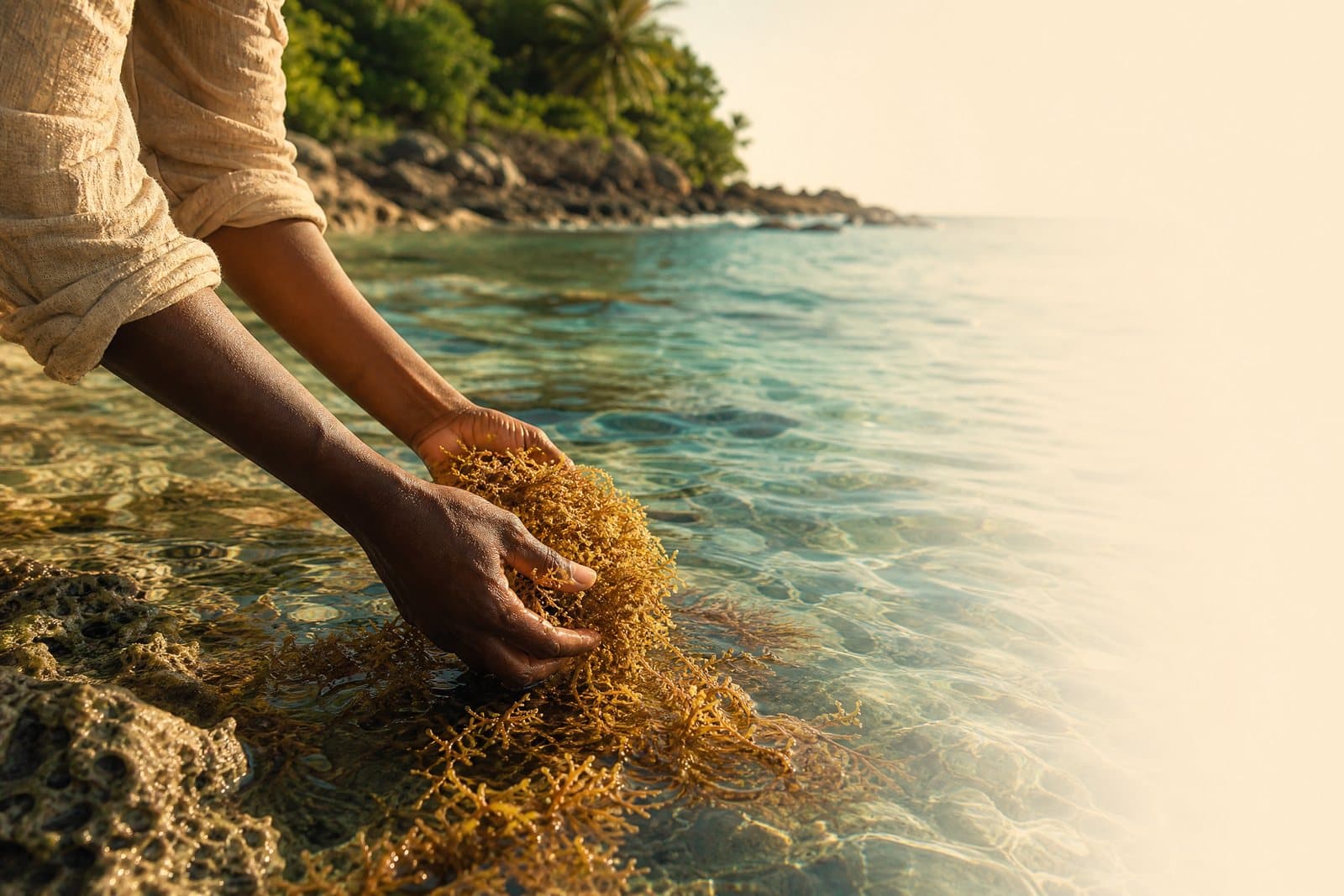 Hands lifting wildcrafted sea moss from clear water on the Jamaican coast